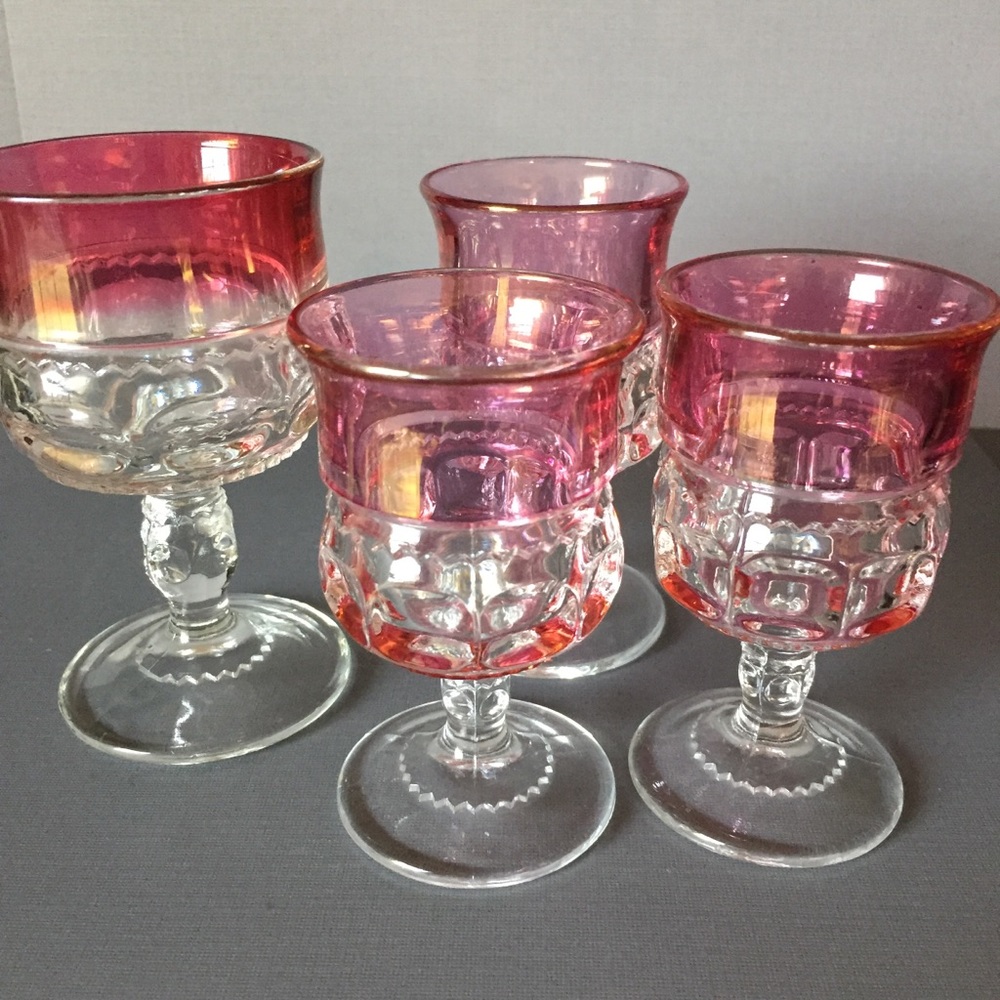 Vintage King crown pink glass faceted drink glasses cordials 4 set